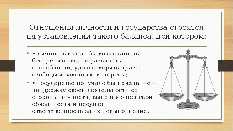 Отношения личности и государства строятся на установлении такого баланса, при котором:
Отношения личности и государства строятся на установлении такого баланса, при котором: