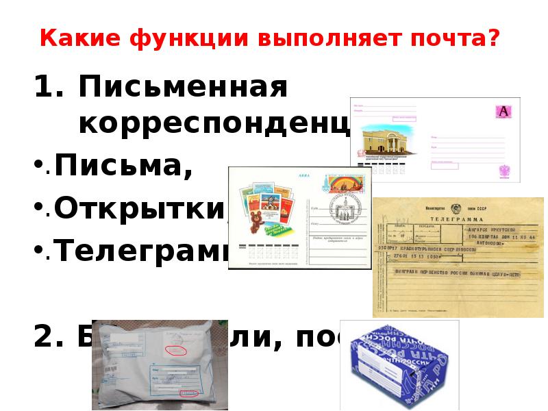 Какие функции выполняет почта? Письменная корреспонденция. Письма, Открытки, Телеграммы. 