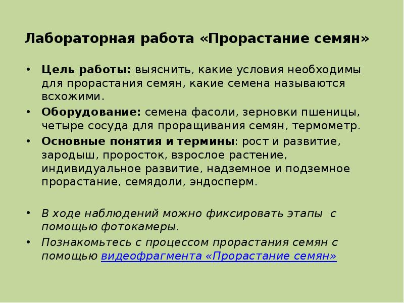 Лабораторная работа «Прорастание семян» Цель работы: выяснить, какие условия необходимы для