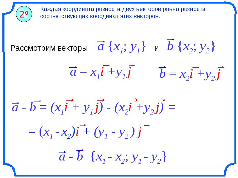 Каждая координата. Каждая координата разности двух векторов равна. Координаты вектора формула. Формулы координат вектора 9 класс. Каждая координата разности двух векторов равна разности.