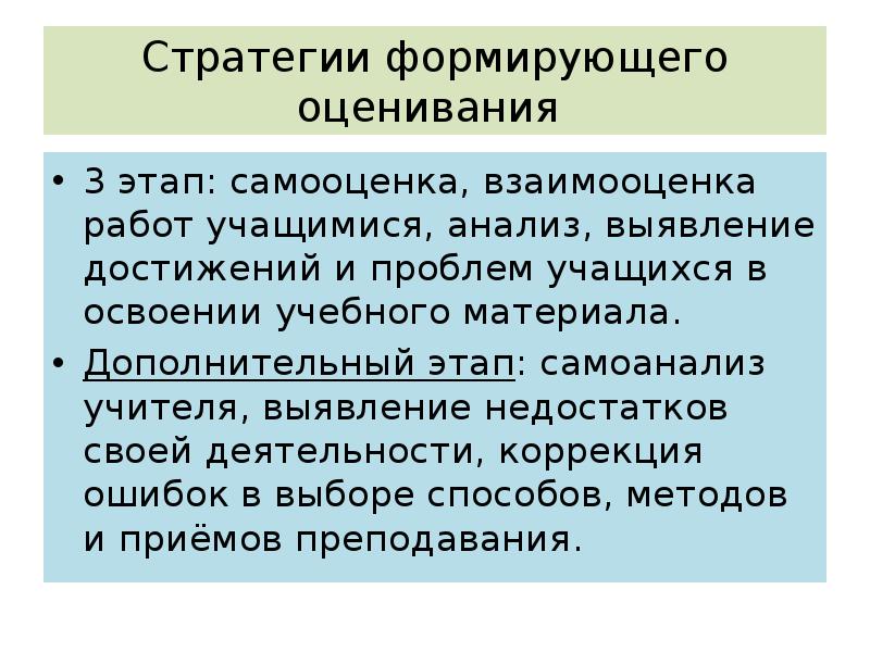 Дополнительный этап. Стратегии формирующего оценивания. Эффективные стратегии оценивания. Проблемы оценивания образовательных достижений учащихся. Стратегии оценивания проектов..