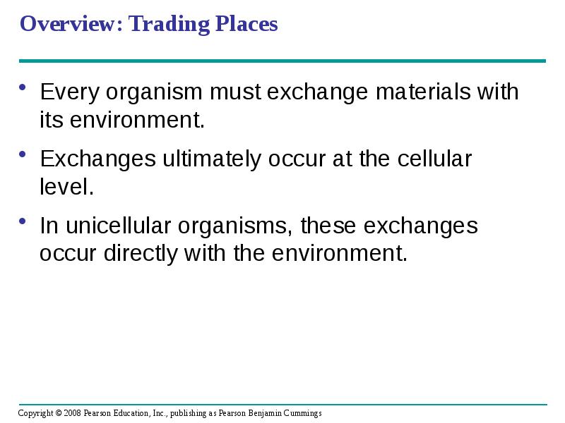 Overview: Trading Places
Every organism must exchange materials with its environment.
Overview: Trading Places
Every organism must exchange materials with its environment.