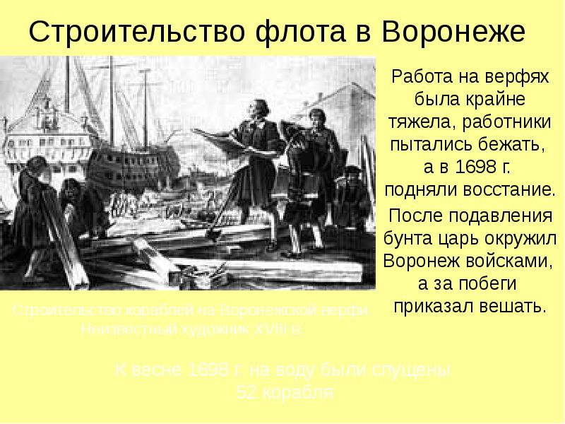 Поднятие восстания. Флот Петра 1 в Воронеже. Строительство русский флот Петра 1.