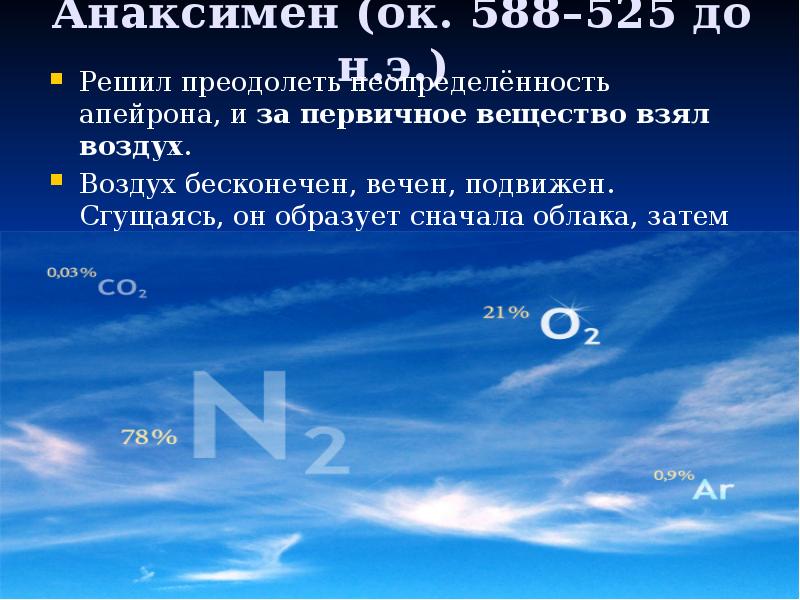 Анаксимен (ок. 588–525 до н.э.)  Решил преодолеть неопределённость апейрона, и