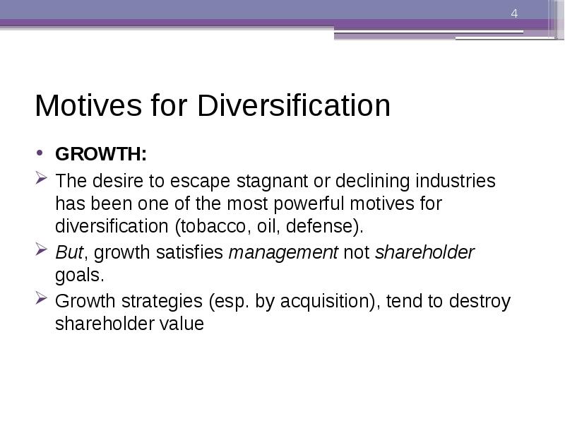 Motives for Diversification
GROWTH:
The desire to escape stagnant or declining Motives for Diversification
GROWTH:
The desire to escape stagnant or declining