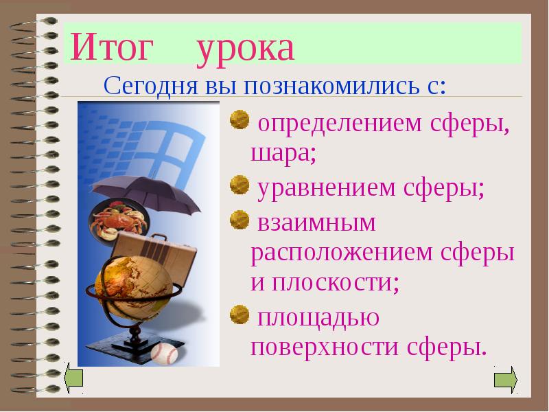 Итог  урока  определением сферы, шара;  уравнением сферы; 