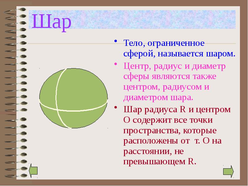 Шар Тело, ограниченное сферой, называется шаром. Центр, радиус и диаметр сферы