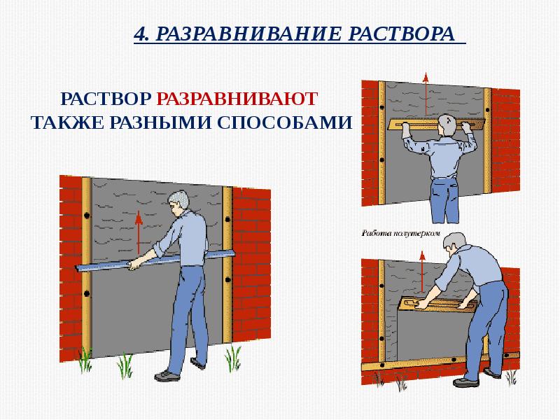 Раствор разравнивают  также разными способами