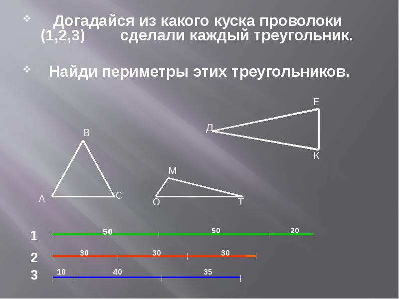 1 1 2 вид треугольника. Треугольники 3 класс. Тройки треугольников. Догадайся из какого куска проволоки 1 2 3 сделали каждый треугольник. Математика и конструирование 3 класс виды треугольников презентация.