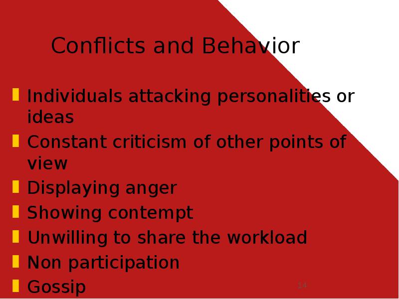 Conflicts and Behavior
Individuals attacking personalities or ideas
Constant criticism of Conflicts and Behavior
Individuals attacking personalities or ideas
Constant criticism of