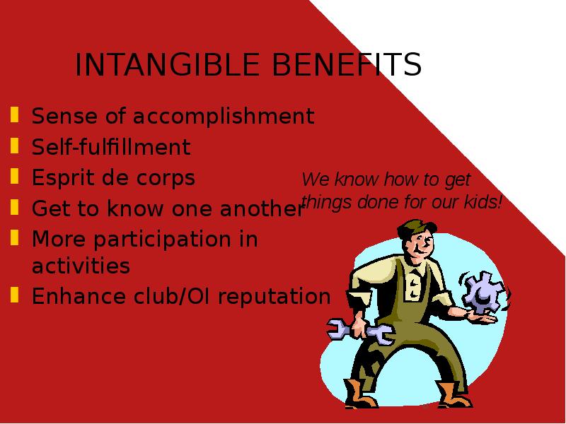 INTANGIBLE BENEFITS
Sense of accomplishment
Self-fulfillment
Esprit de corps
Get to INTANGIBLE BENEFITS
Sense of accomplishment
Self-fulfillment
Esprit de corps
Get to