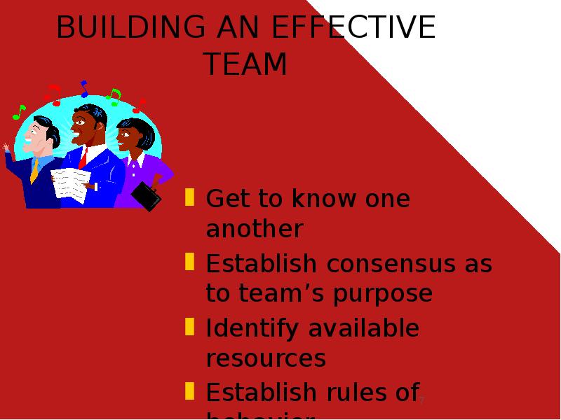 BUILDING AN EFFECTIVE TEAM
Get to know one another
Establish consensus BUILDING AN EFFECTIVE TEAM
Get to know one another
Establish consensus