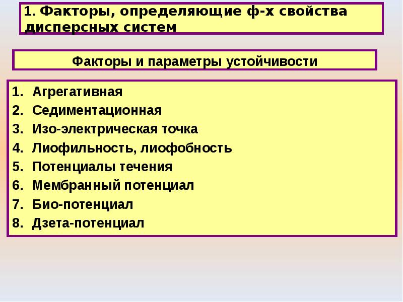 Параметры устойчивости. Факторы влияющие на устойчивость дисперсных систем. Факторы устойчивости дисперсных систем.