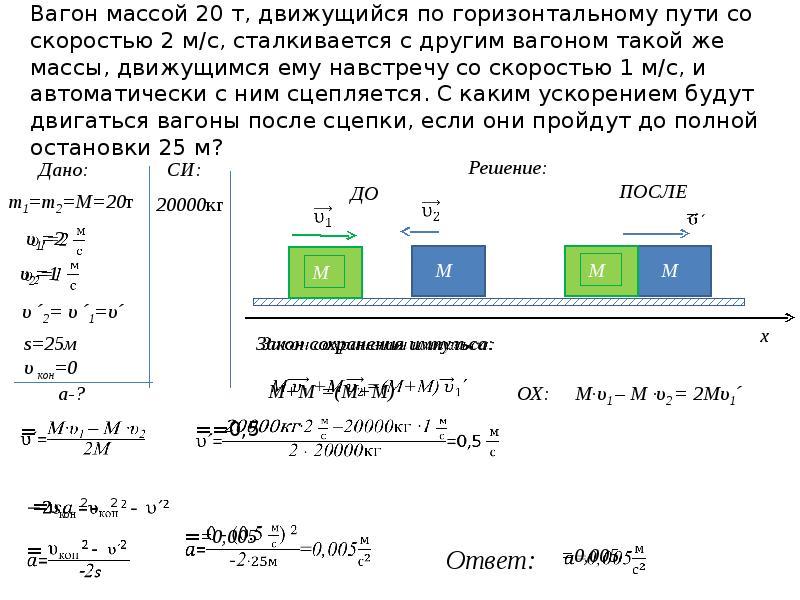 Вагон массой 20 т движущийся