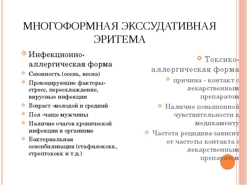 Многоформная экссудативная эритема Инфекционно-аллергическая форма Сезонность (осень, весна) Провоцирующие факторы-стресс, переохлаждение,