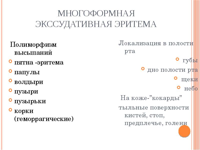 Многоформная экссудативная эритема  Полиморфизм высыпаний пятна -эритема папулы волдыри 