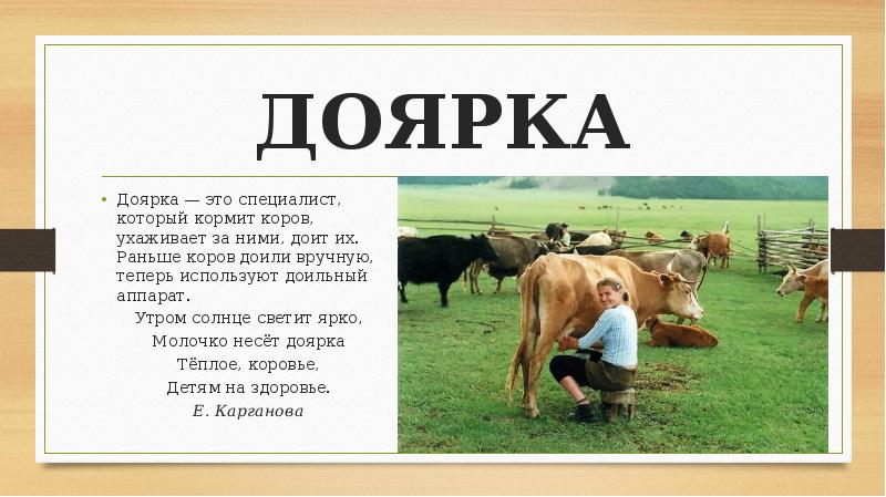 ДОЯРКА
Доярка — это специалист, который кормит коров, ухаживает за ними, ДОЯРКА
Доярка — это специалист, который кормит коров, ухаживает за ними,