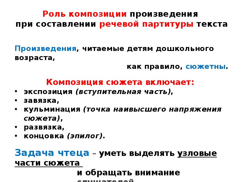 Роль композиции. Композиция текста произведения. Сюжет и композиция. Составление партитуры текста. Составить партитуру текста.