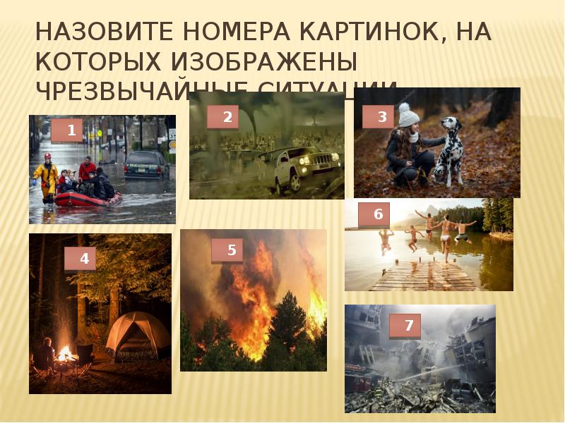 Назовите номера картинок, на которых изображены чрезвычайные ситуации. Назовите номера картинок, на которых изображены чрезвычайные ситуации.
