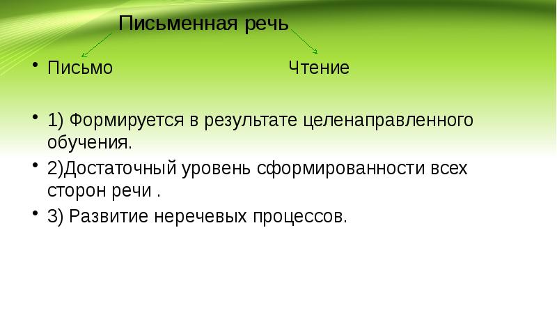 Развитие неречевых процессов. Речевые и неречевые процессы. Процессы чтения и письма. Чтение и письмо виды речевой деятельности.