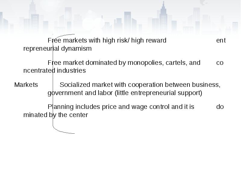 Free markets with high risk/ high reward entrepreneurial dynamism
Free markets Free markets with high risk/ high reward entrepreneurial dynamism
Free markets