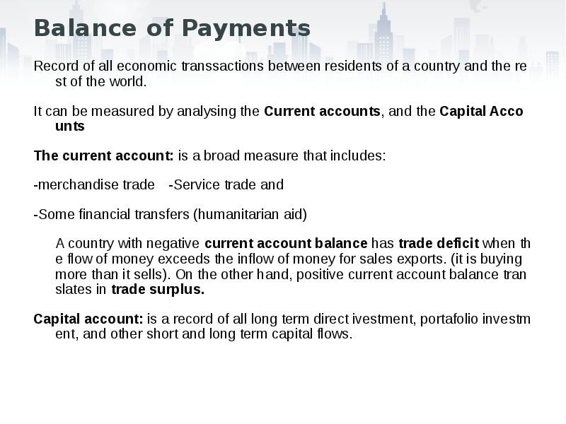 Balance of Payments
Record of all economic transsactions between residents of Balance of Payments
Record of all economic transsactions between residents of