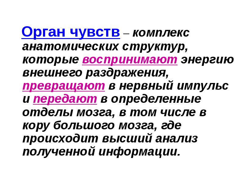 Орган чувств – комплекс анатомических структур, которые воспринимают энергию внешнего раздражения, Орган чувств – комплекс анатомических структур, которые воспринимают энергию внешнего раздражения,