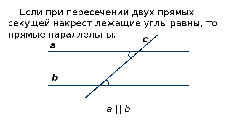 Если 2 параллельные прямые пересечены секущей то накрест лежащие углы равны рисунок