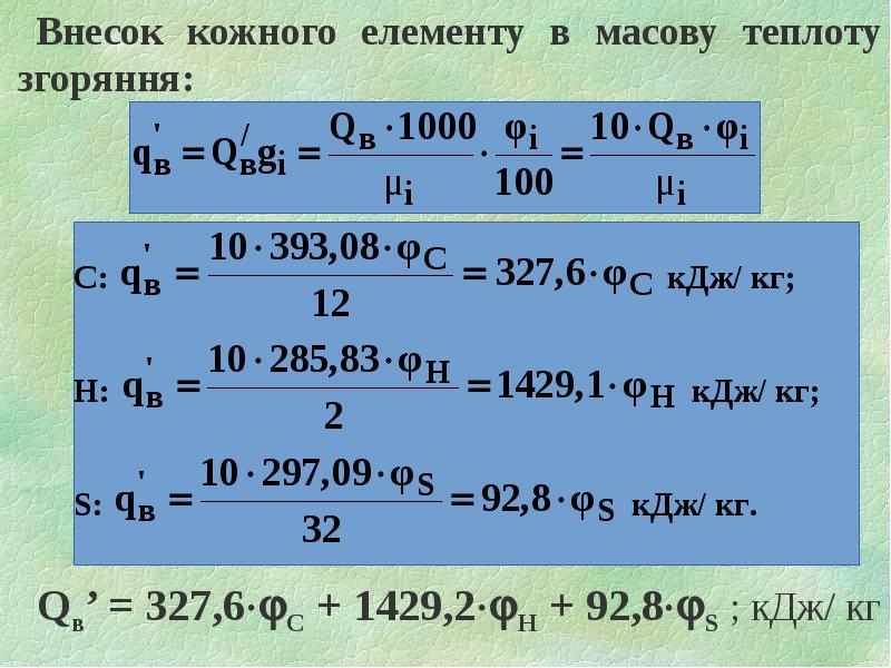 Внесок кожного елементу в масову теплоту згоряння: Внесок кожного елементу в