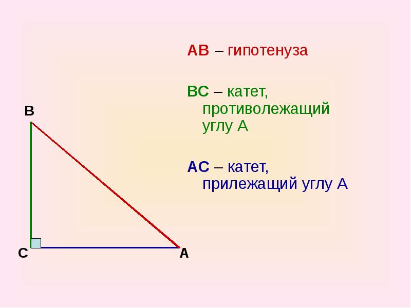 Катет ас ас вс. Противолежащий катет. Прилежащий и противолежащий угол. Прилежащий и противолежащий катет. Противолежащие углы.