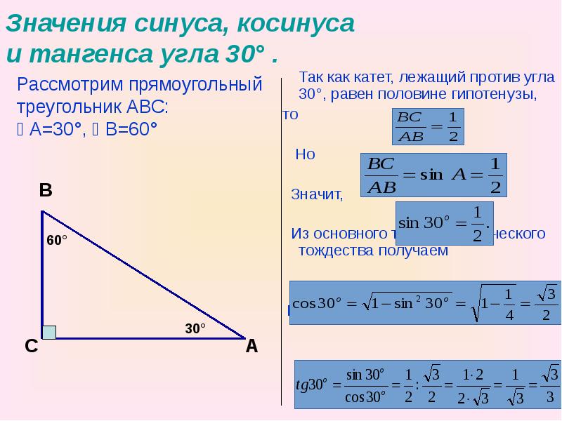 Значение косинуса угла 30 45 60