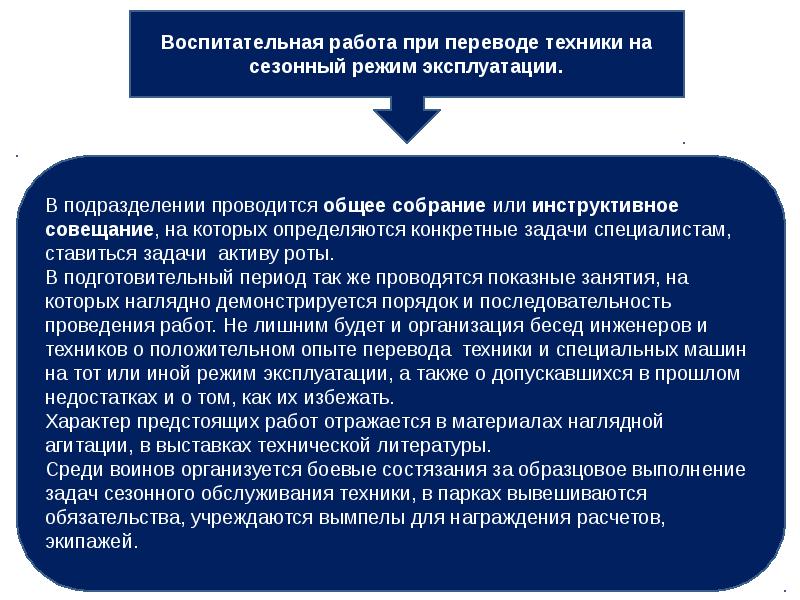 Режим эксплуатации. Воспитательная работа в подразделении. Режим сезонной эксплуатации. Инструктивное совещание проводится с целью. Перевод ВВТ на режим сезонной эксплуатации.