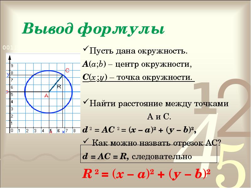 Уравнение окружности и прямой. Формула уравнения окружности 9 класс. Как вычислить центр окружности. Точка на окружности формула. Уравнение окружности 9 класс.