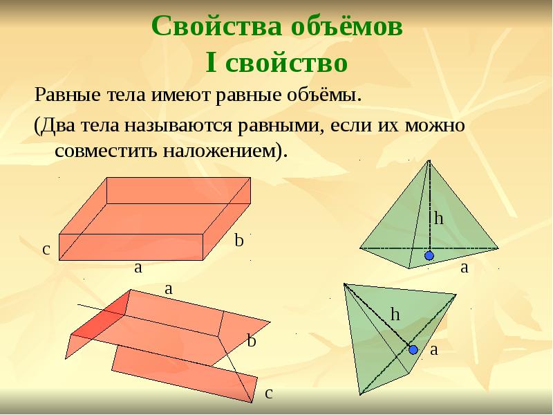 Равные тела имеют равные объемы. Основные свойства объемов. Объемы тел. Равные тела имеют равные объемы. Свойства объема.
