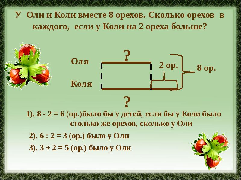 Петю 5 сколько. Задача второй класс в одной руке у Тани 8 орехов. У Тани 8 орехов а в другой на 2 меньше. Яблок больше чем у коли. Задача в одной руке у Тани 8 орехов.