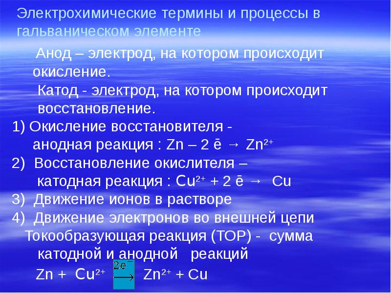 Электрохимические термины и процессы в гальваническом элементе    