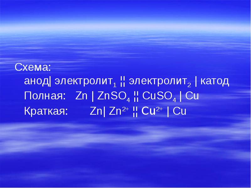 Схема:    анод| электролит1 ¦¦ электролит2 | катод 
