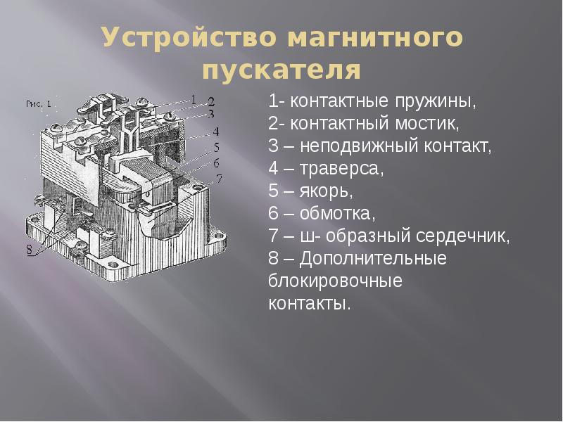 Полное устройство. Магнитный пускатель конструкция и принцип действия. Основные элементы магнитного пускателя. Магнитный пускатель схема устройства. Схема конструкция магнитного пускателя.