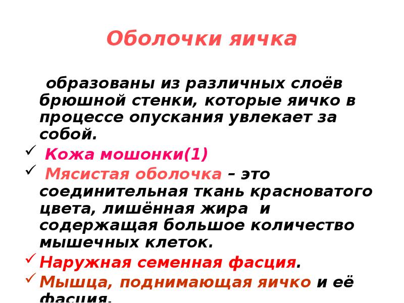 Оболочки яичка   образованы из различных слоёв брюшной стенки, которые