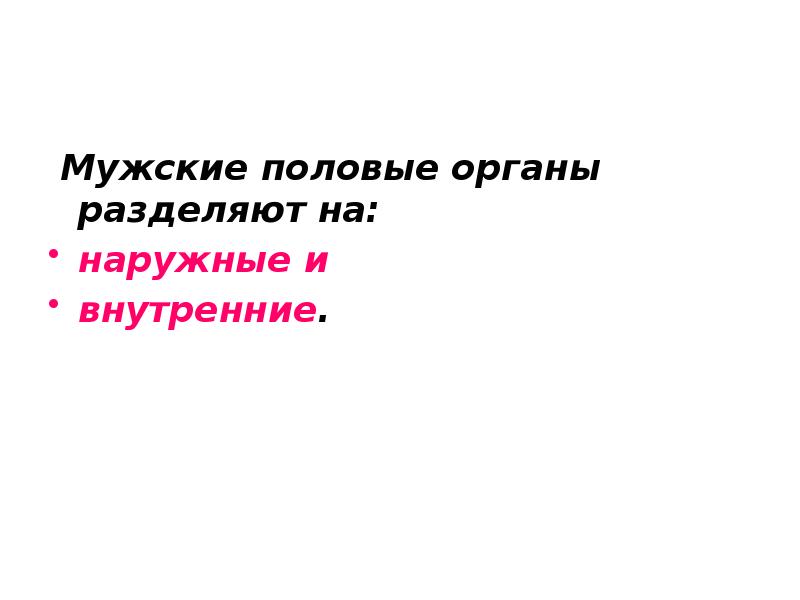 Мужские половые органы разделяют на:  Мужские половые органы разделяют на: