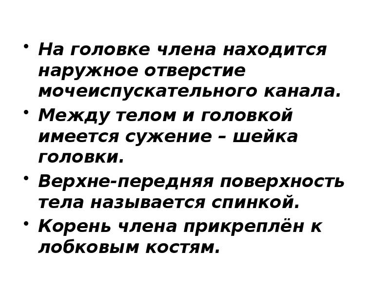 На головке члена находится наружное отверстие мочеиспускательного канала. Между телом и