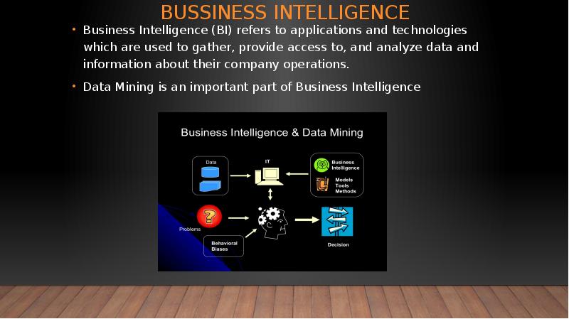 Bussiness intelligence Business Intelligence (BI) refers to applications and technologies which