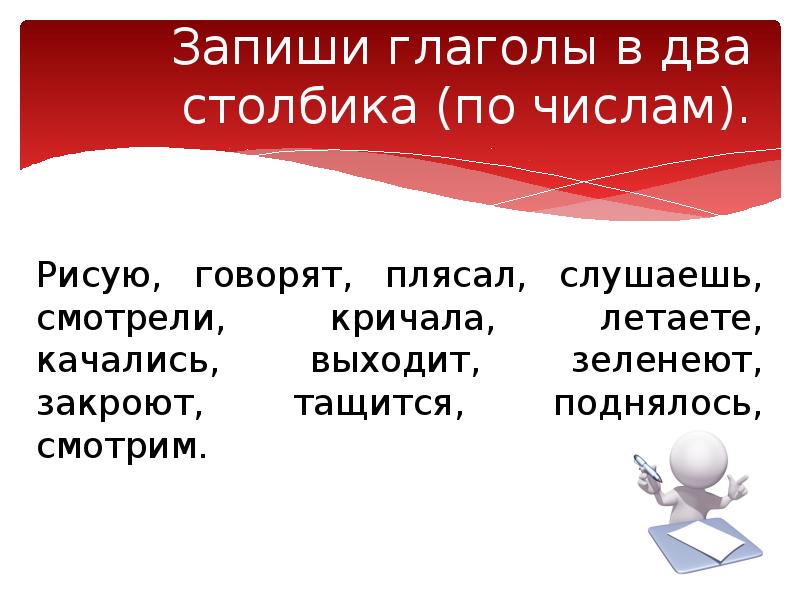 Запишите глаголы в два столбика по временам рисует говорит