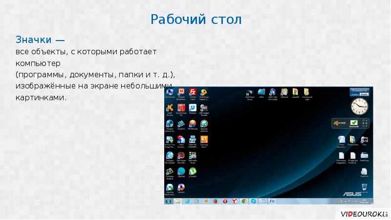 На рабочем столе размещаются небольшие картинки объектов