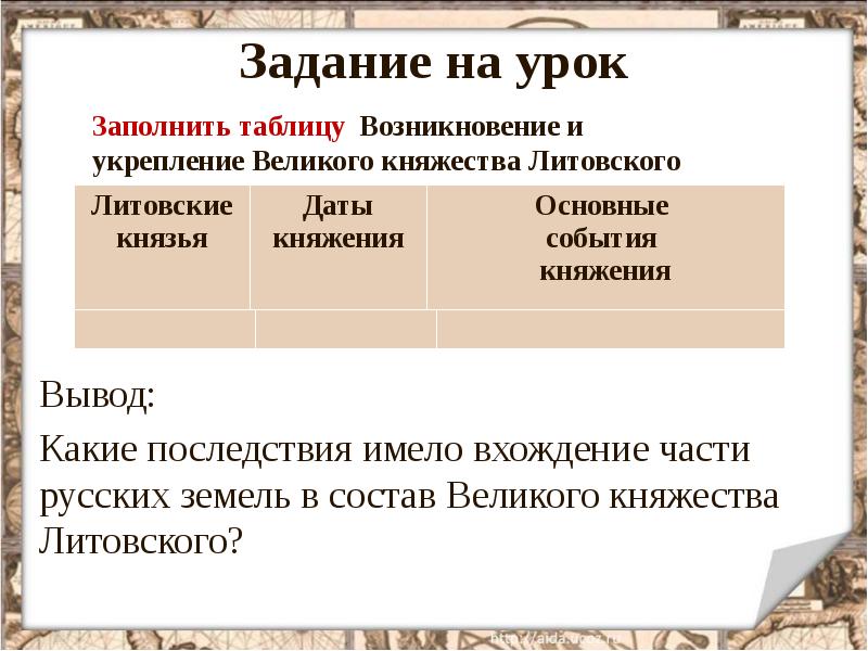 Возникновение литовского княжества. Литовское государство и Русь таблица. Последствия вхождения части русских земель в Литовское княжество. Великое княжество Литовское таблица. Русские земли в составе Великого княжества литовского таблица.