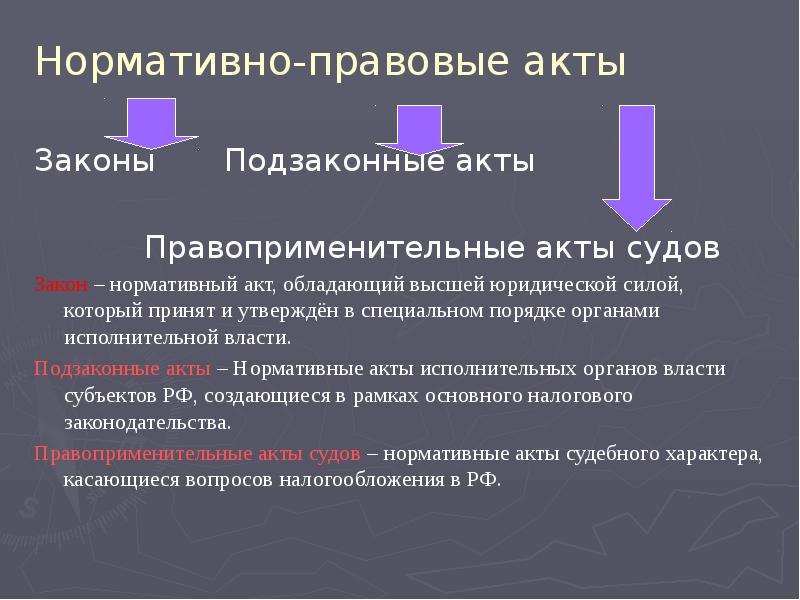Нормативно-правовые акты Законы		Подзаконные акты	 			Правоприменительные акты судов Закон – нормативный акт,