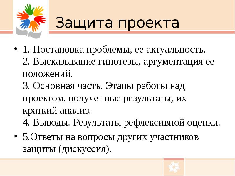 Защита проекта 1. Постановка проблемы, ее актуальность. 2. Высказывание гипотезы, аргументация