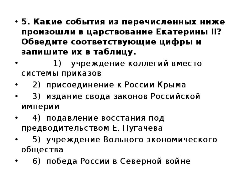 5. Какие события из перечисленных ниже произошли в царствование Екатерины II? 5. Какие события из перечисленных ниже произошли в царствование Екатерины II?