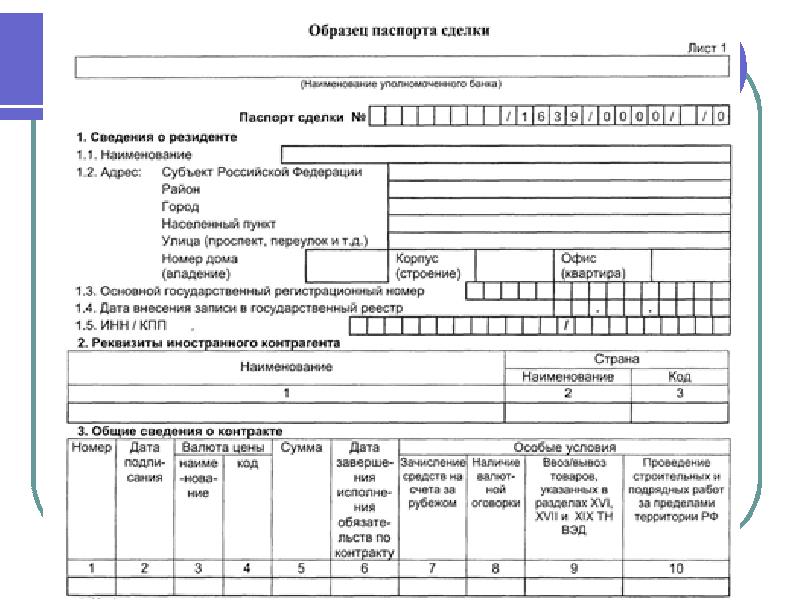 Паспорт сделки валютный контроль образец