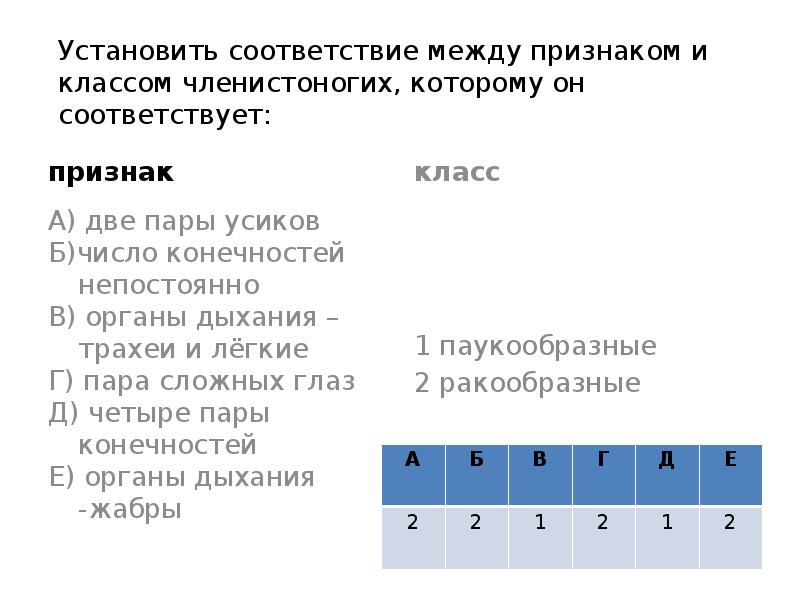 Установите соответствие кости. Установите соответствие между признаком и паукообразным.